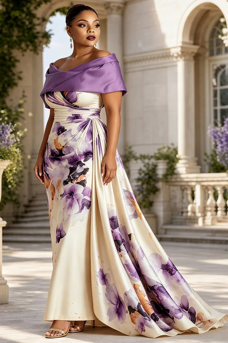 Xpluswear Design Plus Size Formal Purple Floral Off The Shoulder Draped Fold Satin Maxi Dresses Purple-2XL/18-20