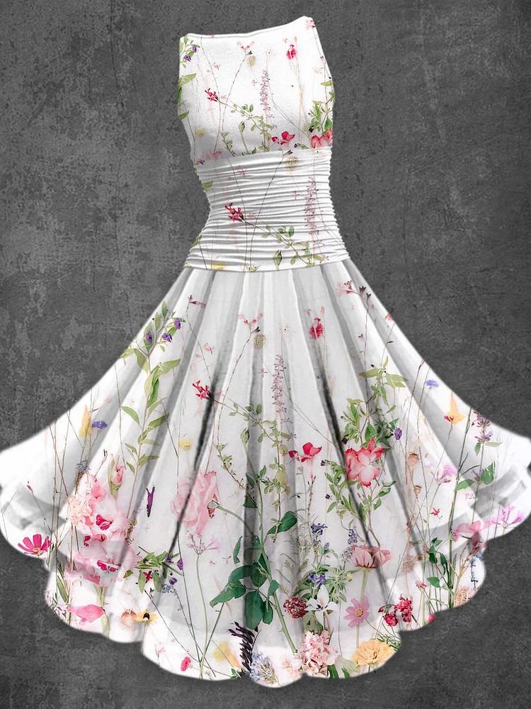 Retro Leaf Floral Printed Vintage Elegant Chic Sleeveless Multilayer Midi Dress