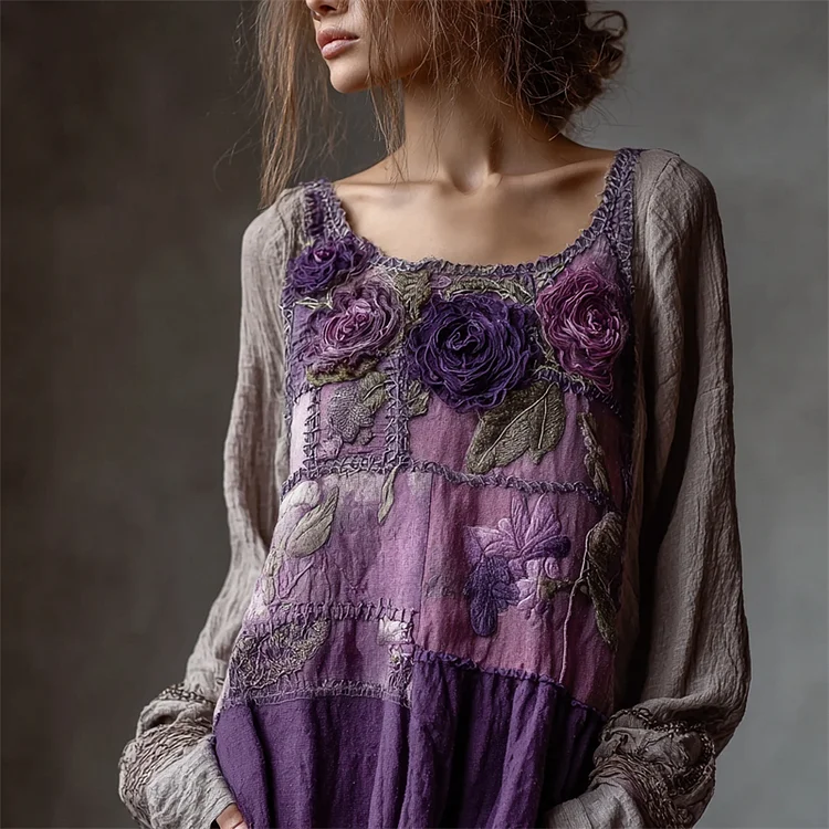 Vintage Purple Flowers Boho Lace Patchwork Linen Tunic