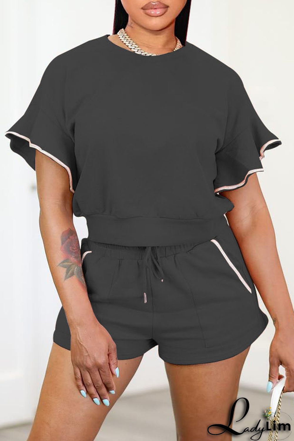 Blue Fashion Casual Solid Basic O Neck Short Sleeve Two Pieces