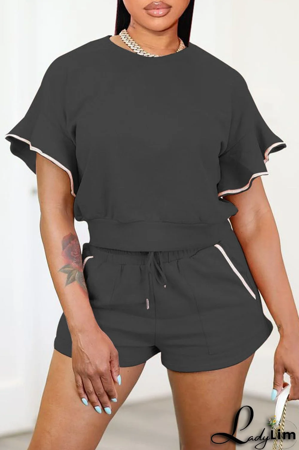 Black Fashion Casual Solid Basic O Neck Short Sleeve Two Pieces