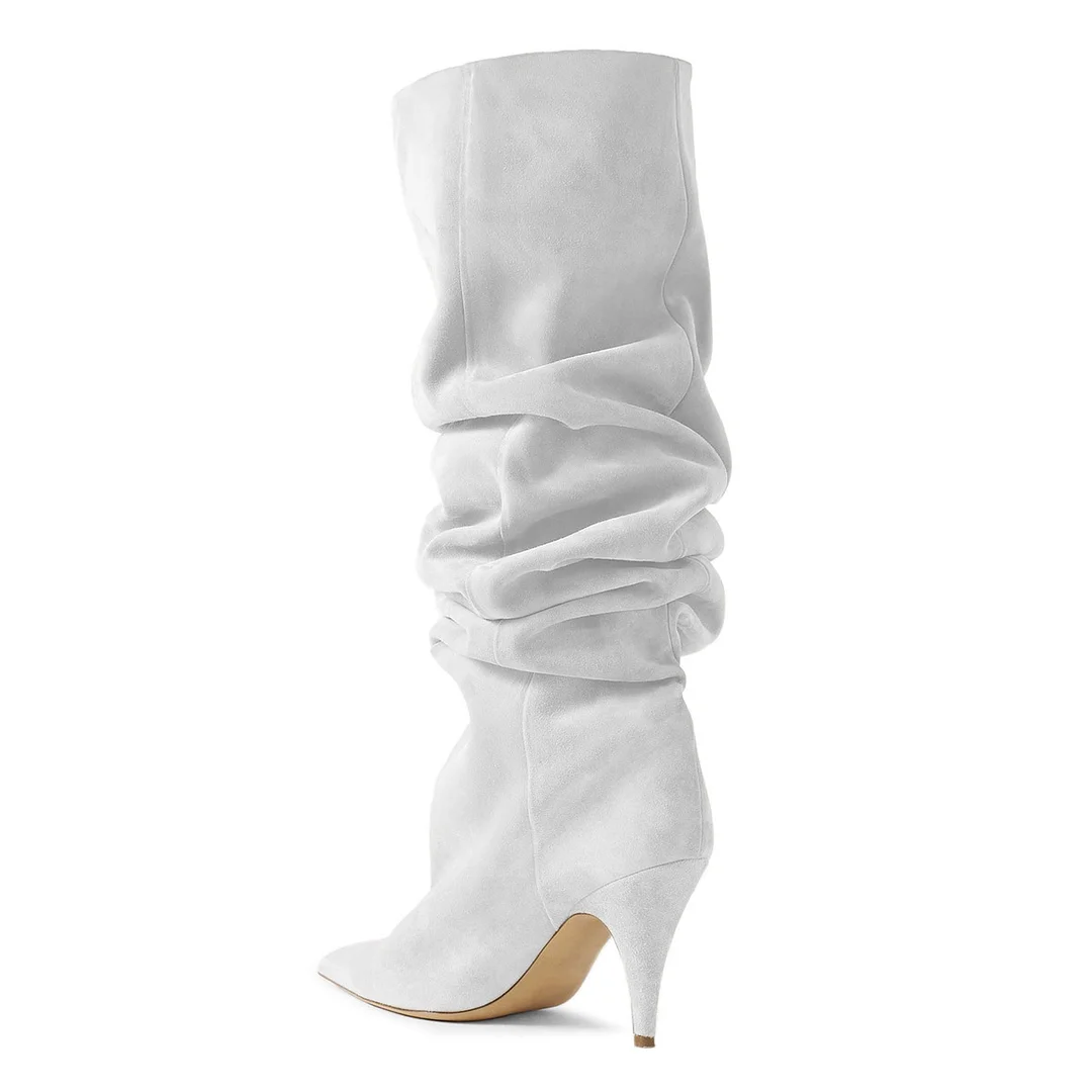 Ivory Faux Suede Pointed Toe Silhouette Boots with Stiletto Heel