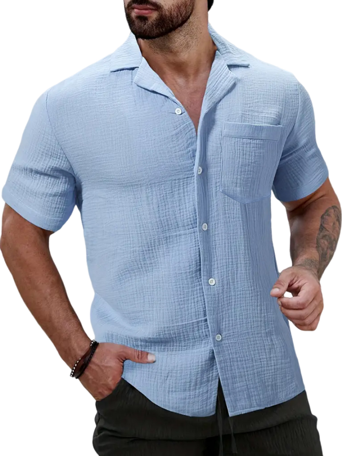 Men's Summer Cuban Collar Solid Color Pleated Pocket Short Sleeve Shirt