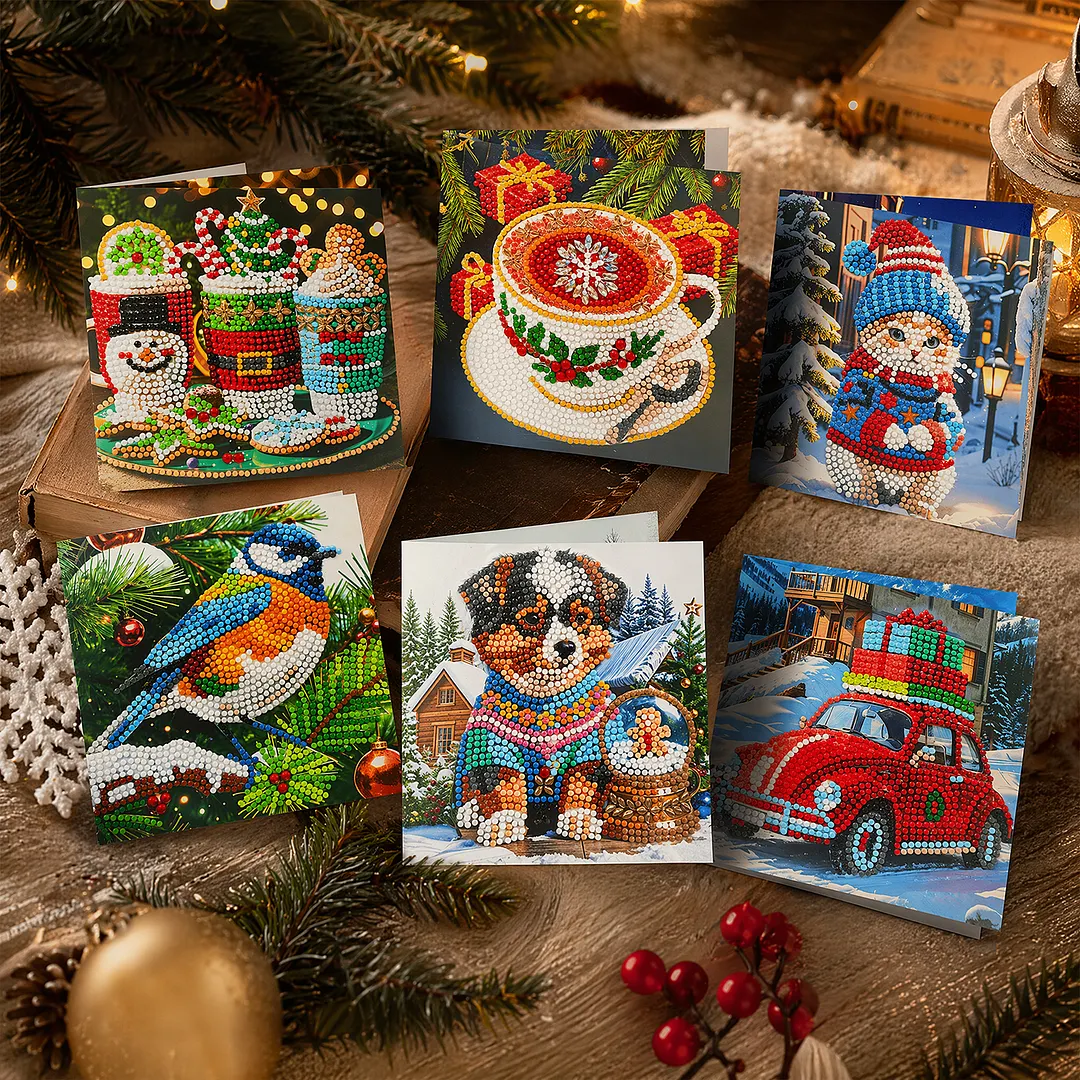 6pcs Winter Christmas DIY Diamond Painting Greeting Card Kits with Envelopes Diamond Art Greeting Cards Diamond Art Cards Kits for Adults DIY Crafts Family Friend Gifts