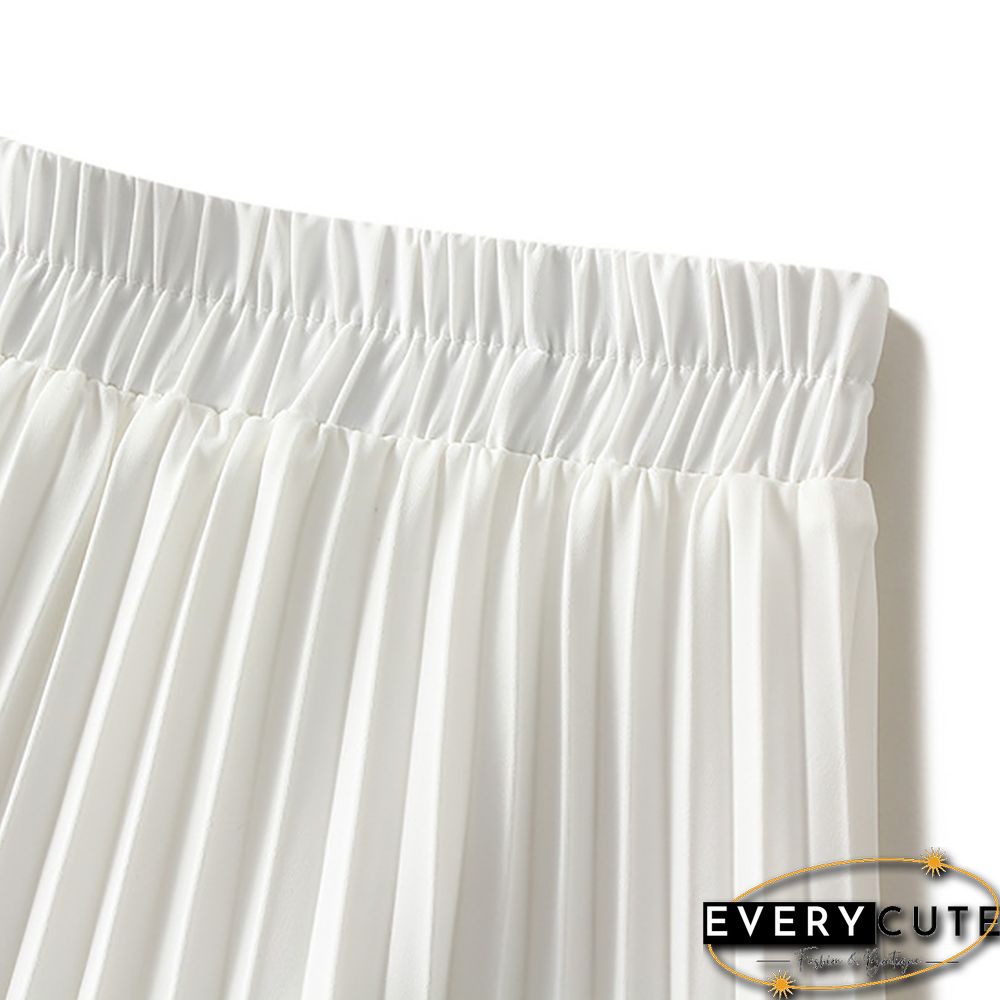 White Elastic Waist A-line Pleated Maxi Skirt