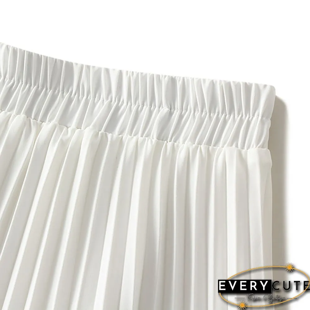 White Elastic Waist A-line Pleated Maxi Skirt