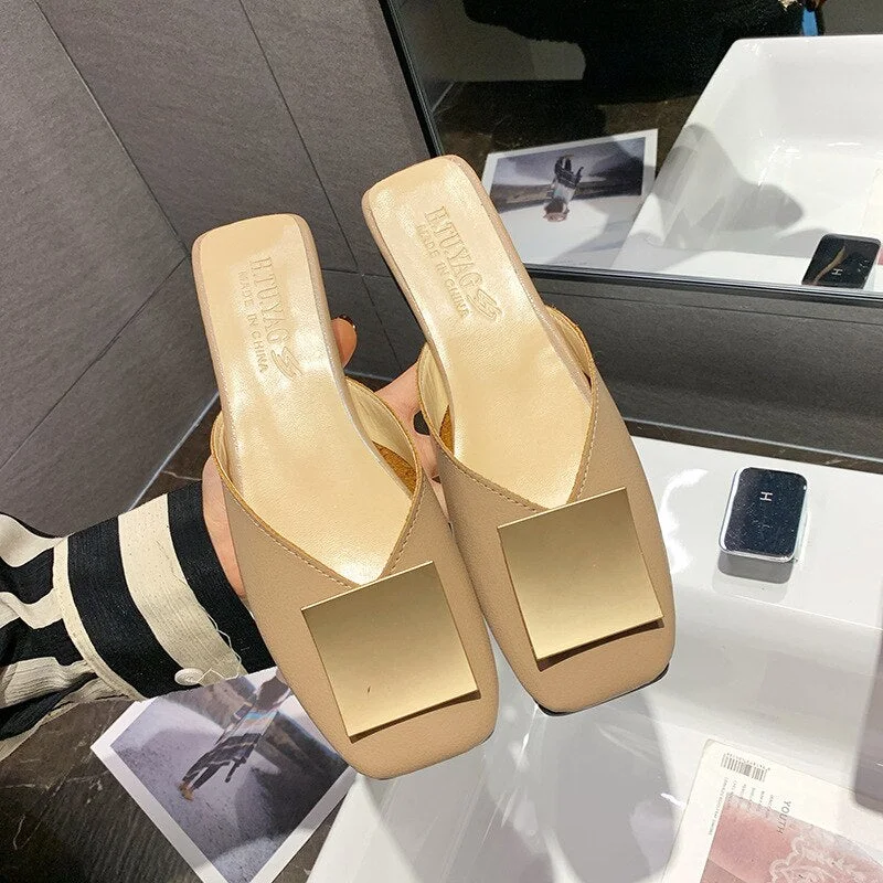 2020 Spring New Metal Square Buckle Fashion Casual Shoes Thick Low Heel Slippers Women Shoes Woman Mules Solid Leather Slides