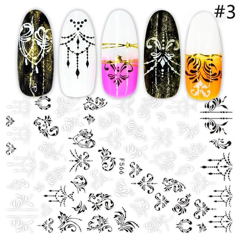 1pcs Black White Letter Stickers For Nails Flower Leaf Linear Transfer Decals Slider 3D Nail Art Decorations Wraps
