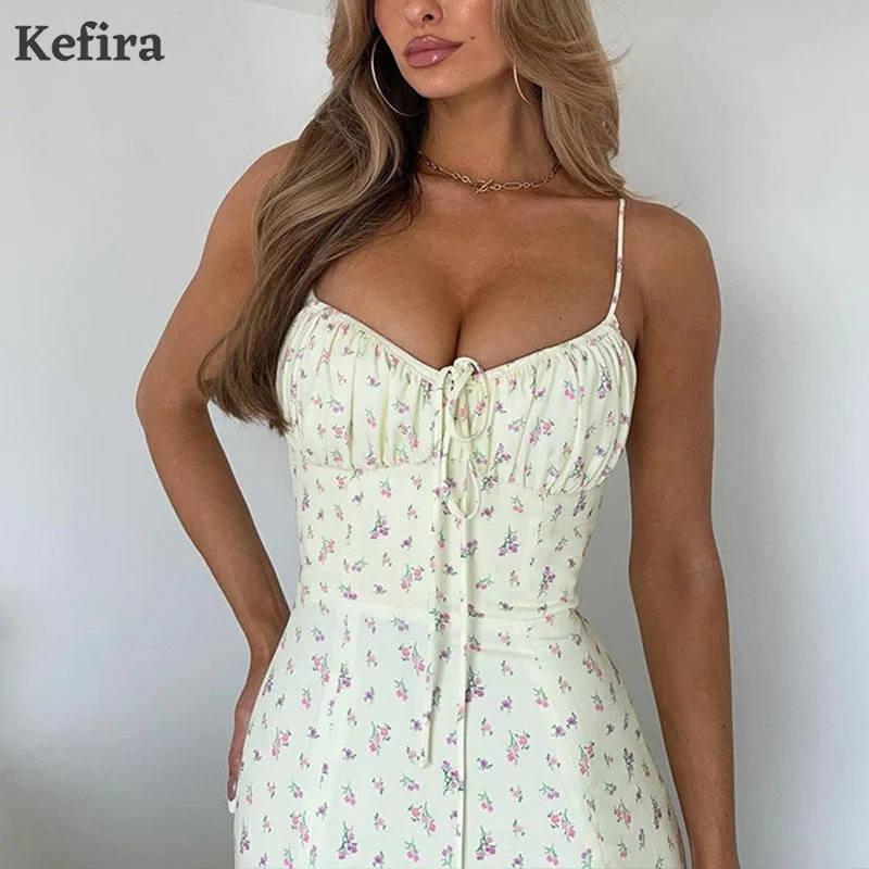 Kefira 2021 Summer Vintage Spaghetti Straps Flower Dress Women V Neck Sexy Slim Split Casual Street Elegant Female Print Dresses