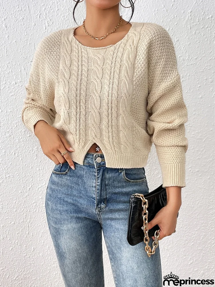 Cable-Knit Slit Drop Shoulder Sweater