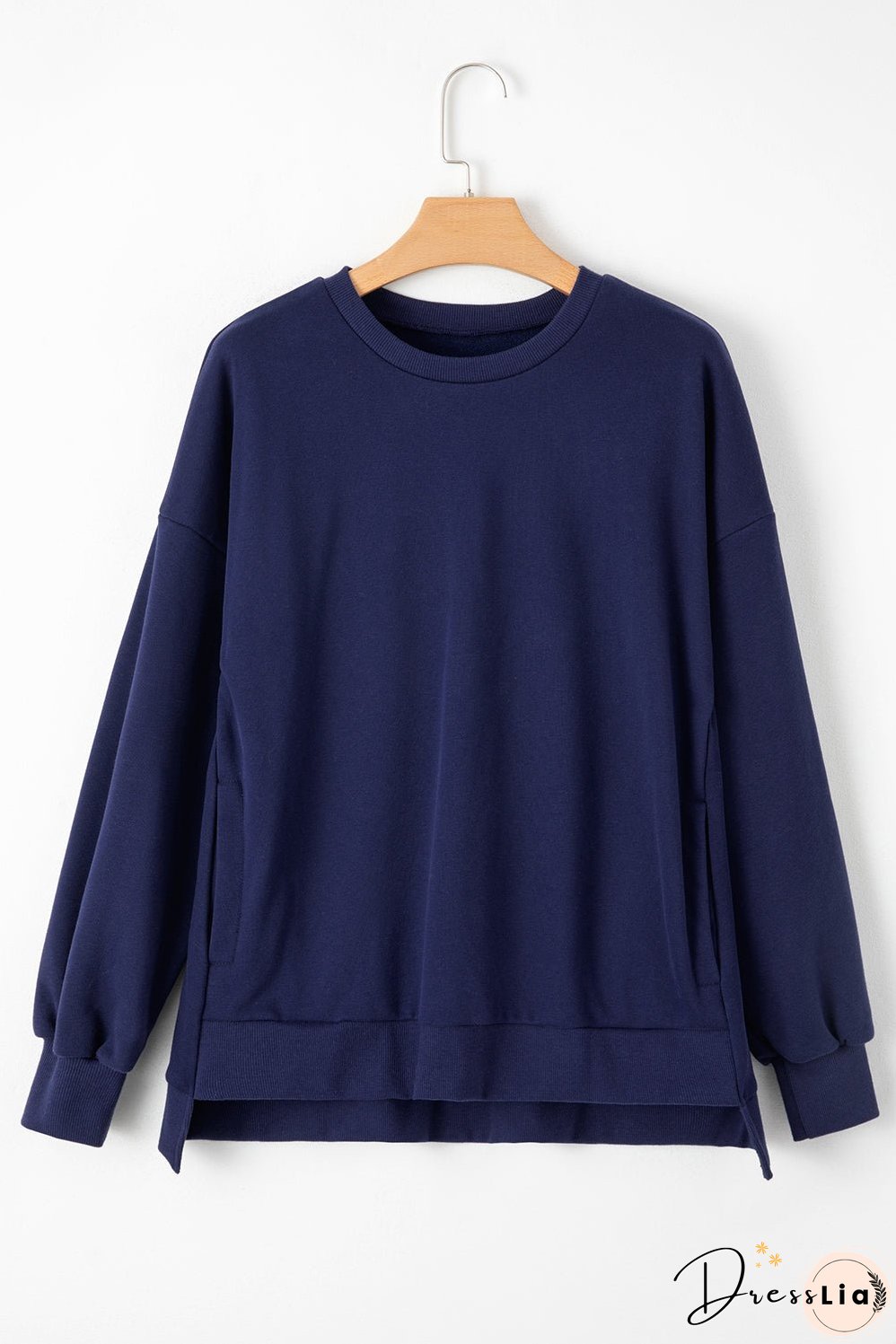 Navy Blue Solid Fleece Lined Drop Shoulder High Low Sweatshirt