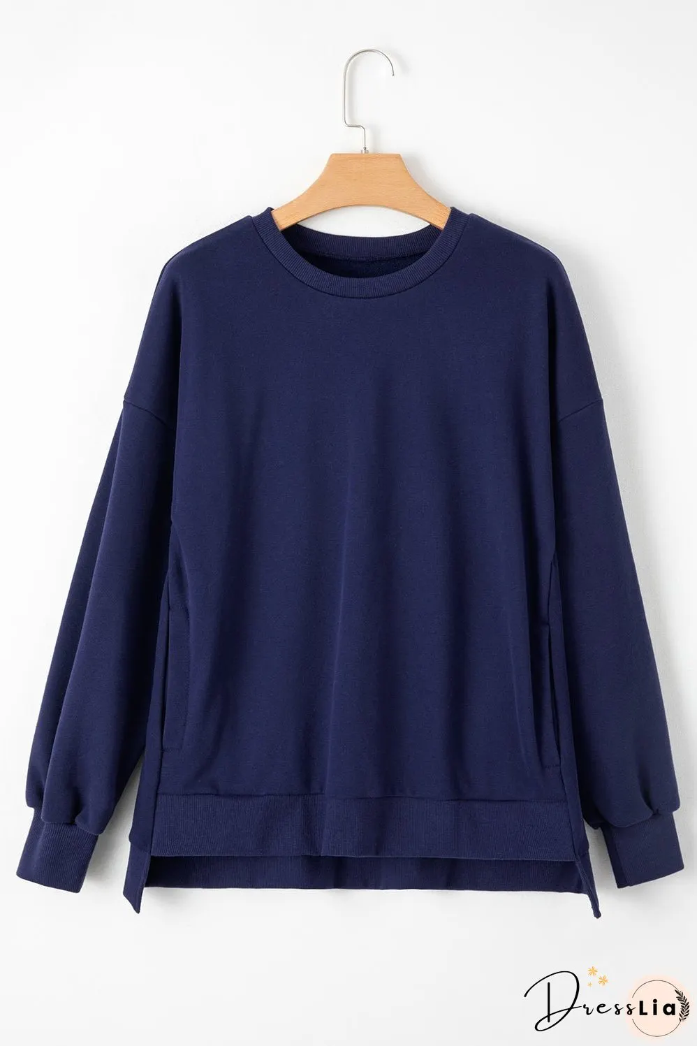 Navy Blue Solid Fleece Lined Drop Shoulder High Low Sweatshirt