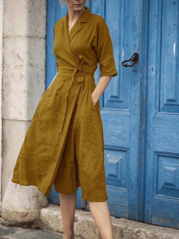 2021 New Style Cotton And Linen Mid-Sleeve Lace-Up Lapel Dress