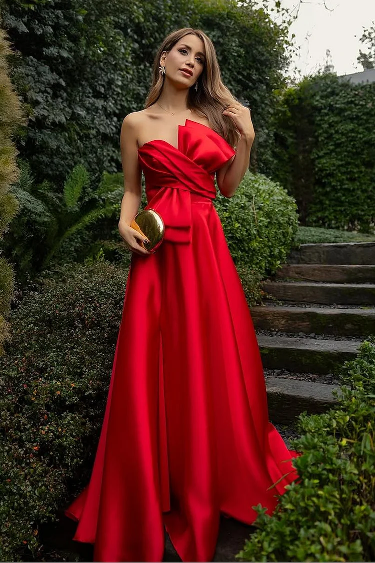 Hellodresses Strapless Sleeveless A Line Long Prom Dress With Bowknot Pleated 