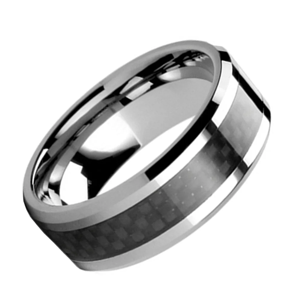 6MM 8MM Mens Tungsten Rings Black Carbon Fiber Inlay Silver Beveled Edge