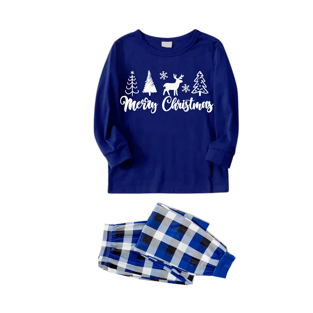 White Christmas Tree and Elk "Merry Christmas" Monogram Print 2024 Blue Long Sleeves with Blue&White&Black Plaid Pants Family Matching Pajamas