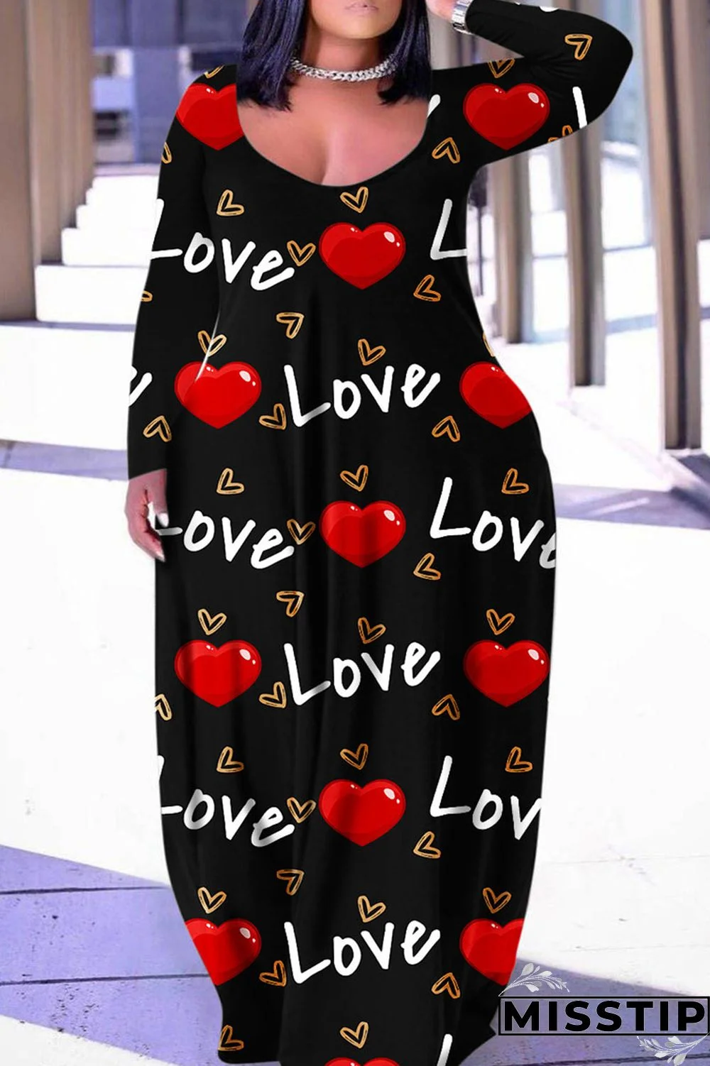 Dark Blue Casual Print Patchwork Basic V Neck Long Sleeve Plus Size Dresses