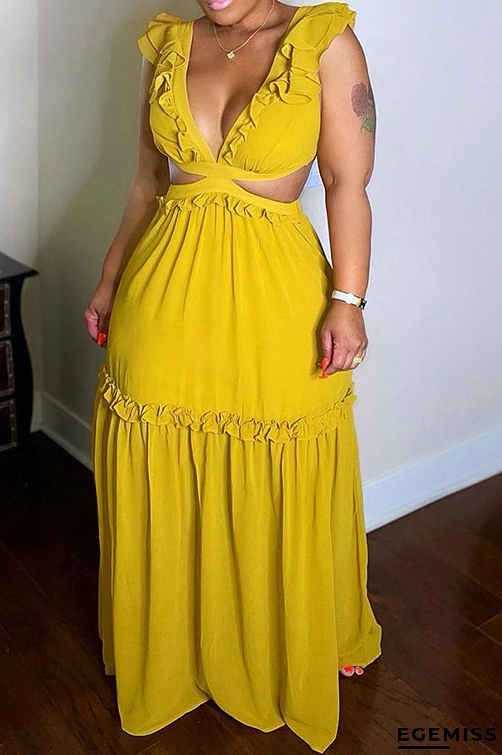 Yellow Sexy Solid Flounce V Neck Cake Skirt Dresses | EGEMISS
