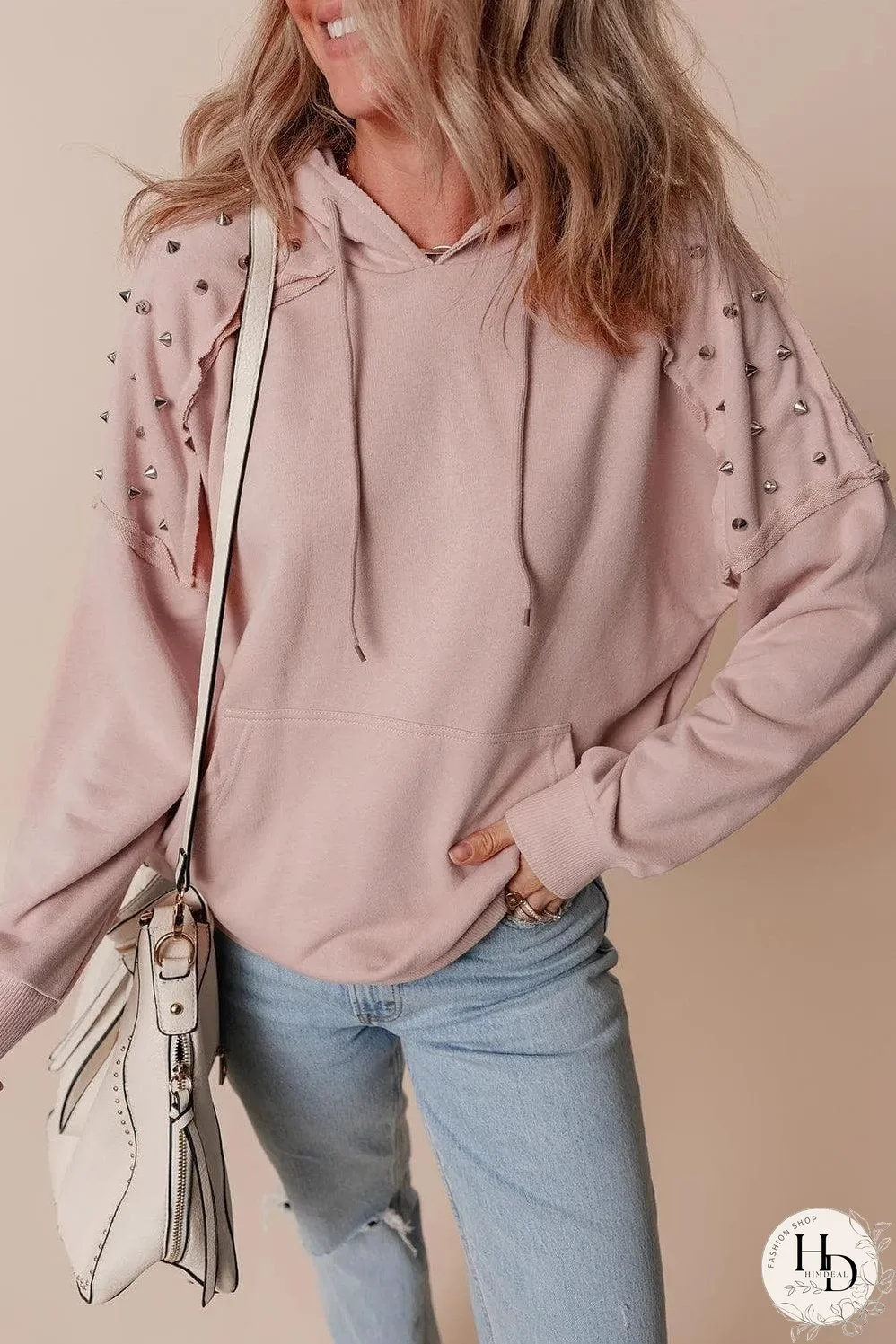 Fushia Solid Color Rivet Stud Raglan Sleeve Hoodie with Pocket