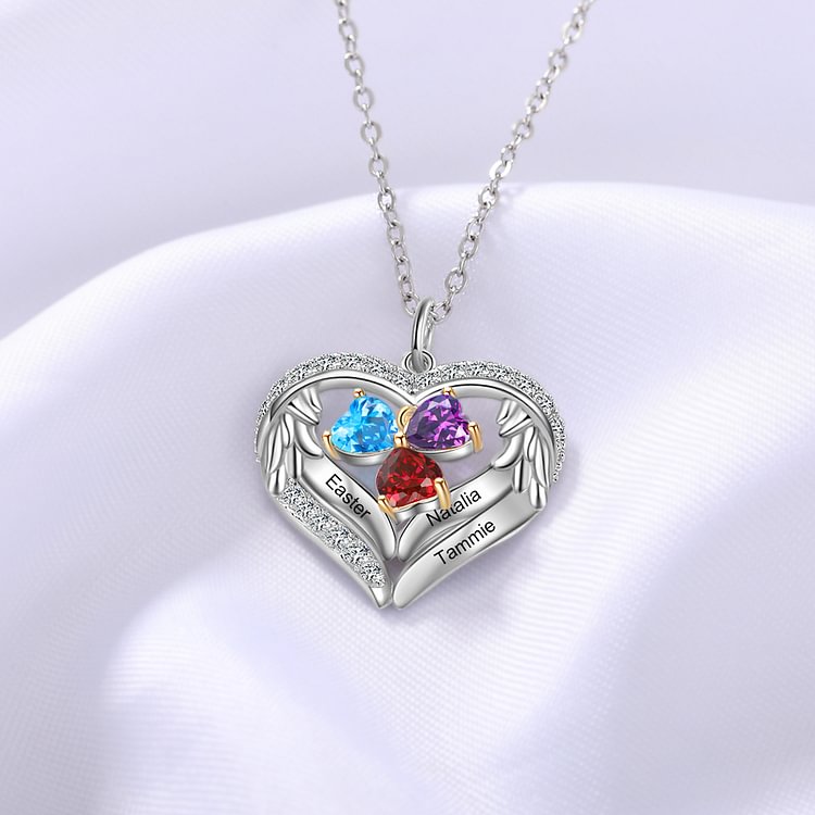 Collar con nombre de corazón de plata 925 3 nombres 3 piedras de nacimiento