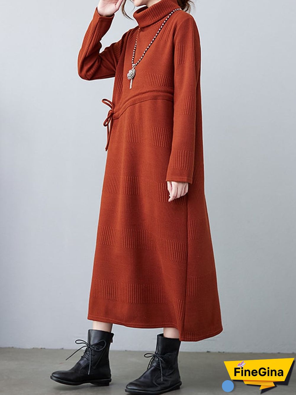 Women's Fall Winter Fashion Knit Layering Drawstring Tie-Waisted Jacquard Dresses