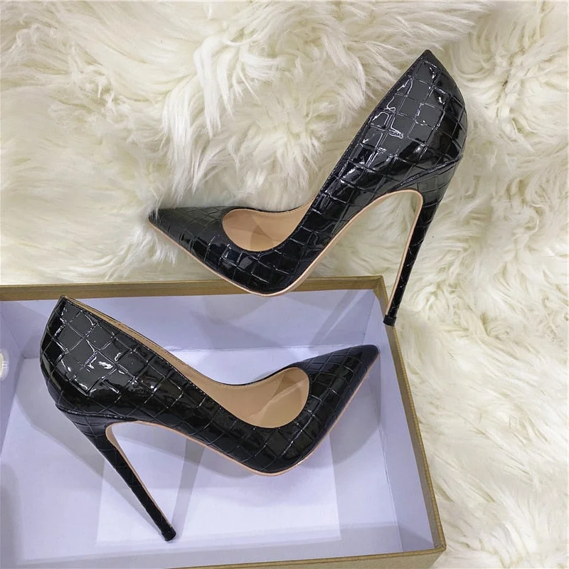 LOURDASPREC Shiny Black Croc Effect Women Pointed Toe Stiletto Pumps Sexy Ladies Slip on High Heel Shoes 8cm 10cm 12cm Customize