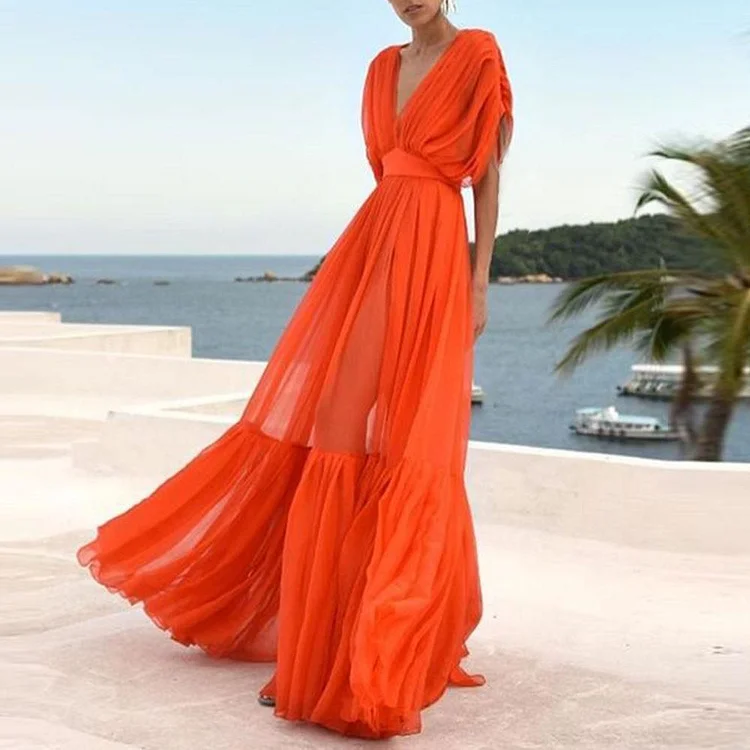 Solid Color Sexy V Neck Party Fashion Boho Beach Prom Dress