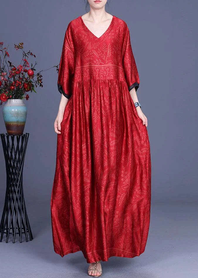 Women Red Print Silk Half Sleeve Summer Dresses