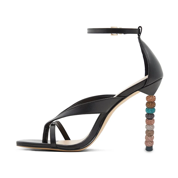 Black Beaded Thong Sandals Ankle Strap Heels Vdcoo