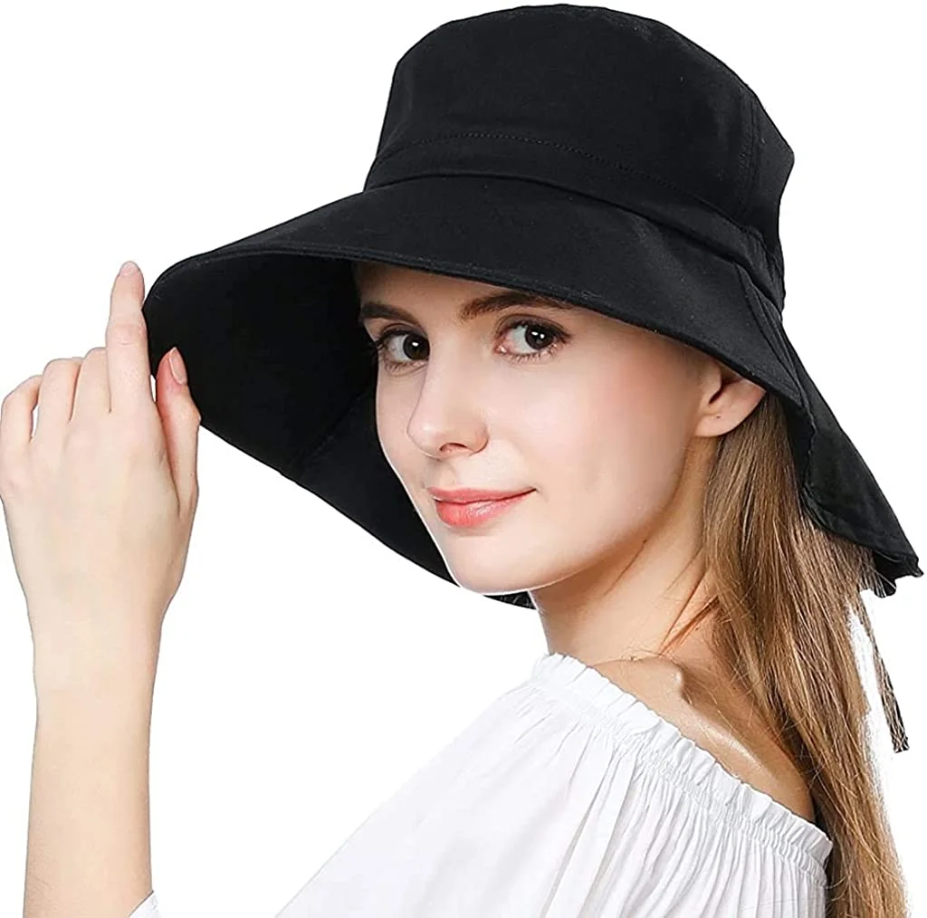 Womens Summer Flap Cover Cap Cotton UPF 50+ Sun Shade Hat with Neck Cord