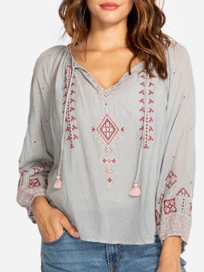 3/4 Sleeve Embroidery Casual Shirts & Tops