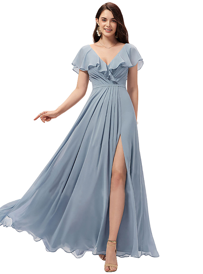 Oknass Chiffon Ruffles Cheap Bridesmaid Dresses With Slit