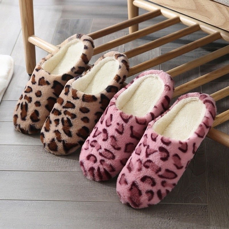 LITTHING Women Home Slippers With Faux Fur Flats Heels Shoes Winter Warm Slippers Women Leopard Print Female Flip Flop Size36-45