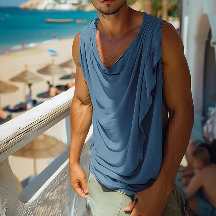 Men's casual loose cotton and linen solid color sleeveless tops