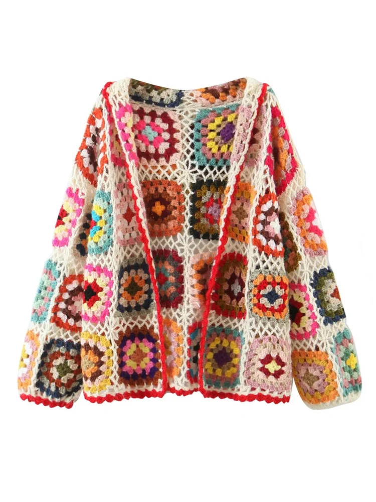 Nncharge BOHO Colored Plaid Flower Hand Crochet Hooded Cardigan Ethnic Woman Open Stitching Full Sleeve Sweater Beach Short Jumper