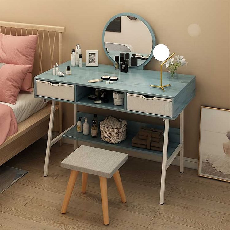 Blue White Round Mirror Lower Storage Space Fashion Dressing Table