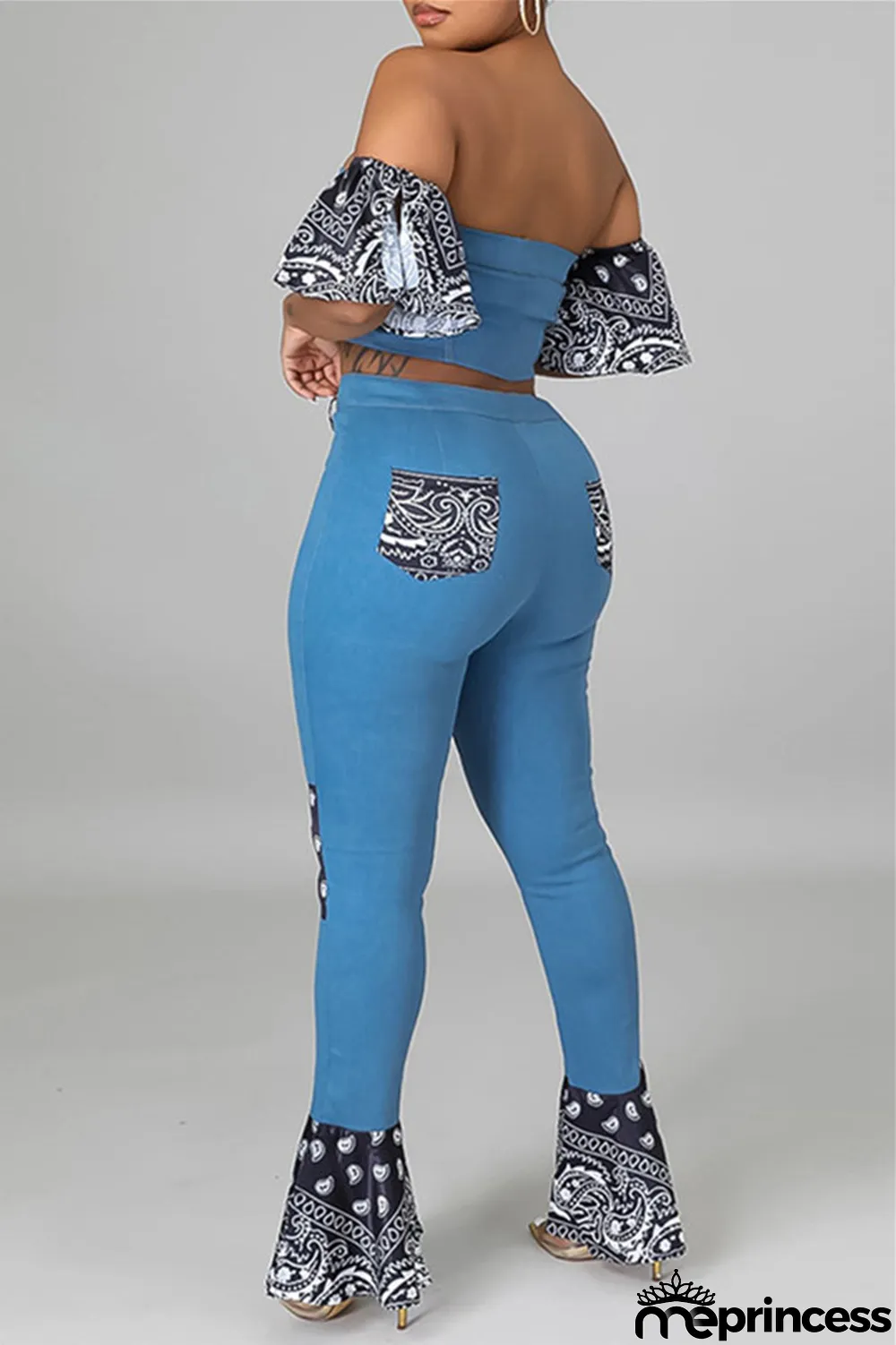 Dark Blue Sexy Casual Patchwork Backless Strapless Short Sleeve Two Pieces