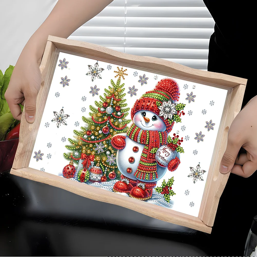 DIY Christmas Snowman Diamond Painting Wooden Serving Tray Diamond Art Dining Plate(30*20cm)
