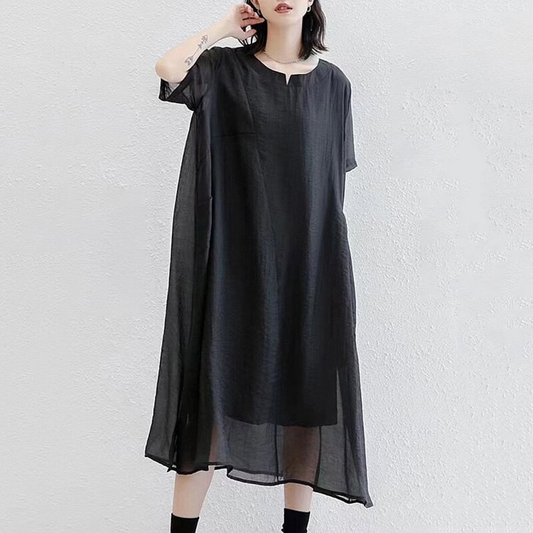 Simple Loose Solid Color Y-neck Double Layer Patchwork Pockets Irregular Hem Short Sleeve Dress