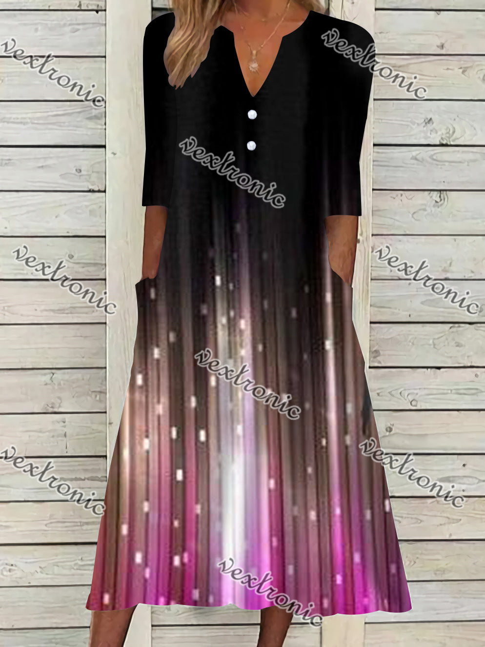 Women's Short Sleeve V-neck Purple Gradient Printed Midi Dress