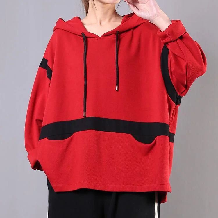Classy red cotton blouses for women patchwork hooded silhouette shirt