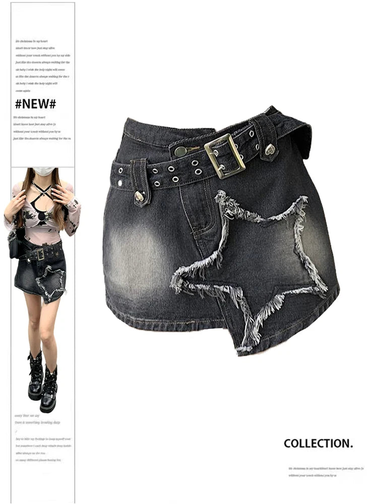 Aiertu Women Black Gothic Denim Skirts Harajuku A-Line Mini Jean Skirt Vintage Y2k Aesthetic Oversize Skirt 2000s Trashy Clothes Summer Aiertu