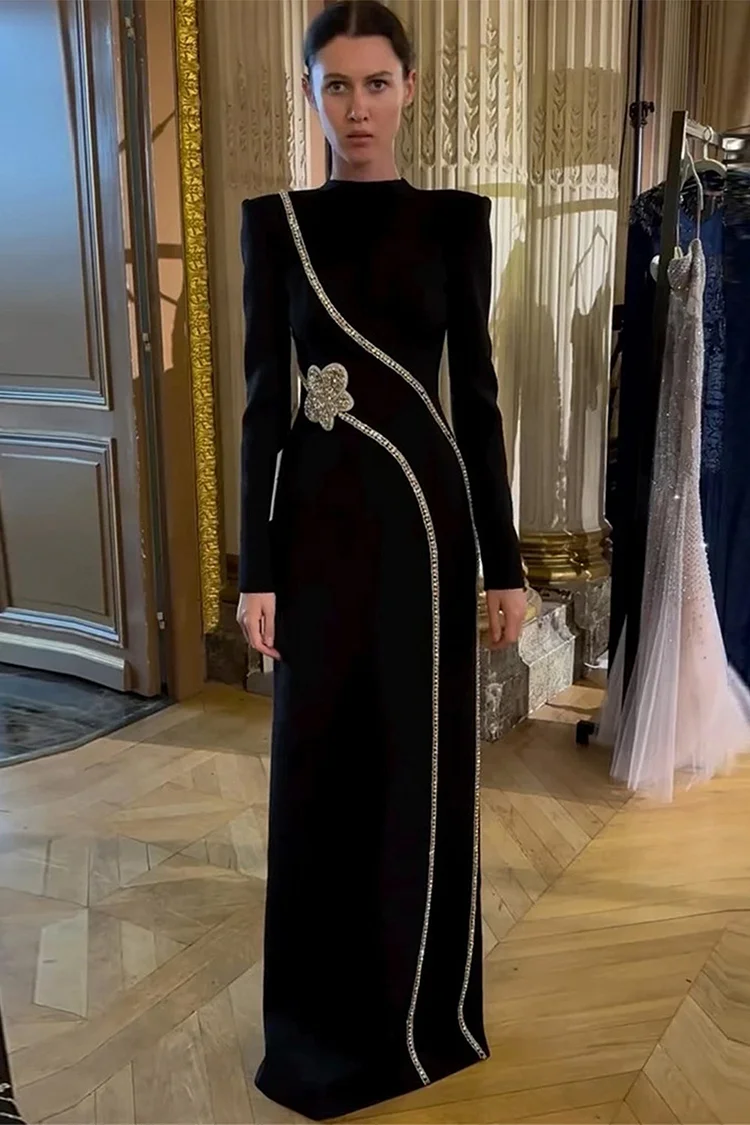 Rhinestone Trim Floral Long Sleeve Maxi Dress-Black