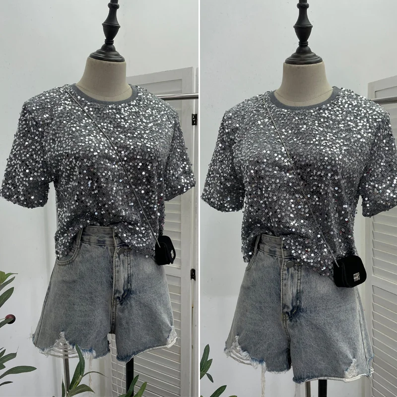 Nigikala Nigikala Lidg Short-Sleeved T-Shirt Woman 2025 Spring Dresses Loose Lime Bling Blouse 1059