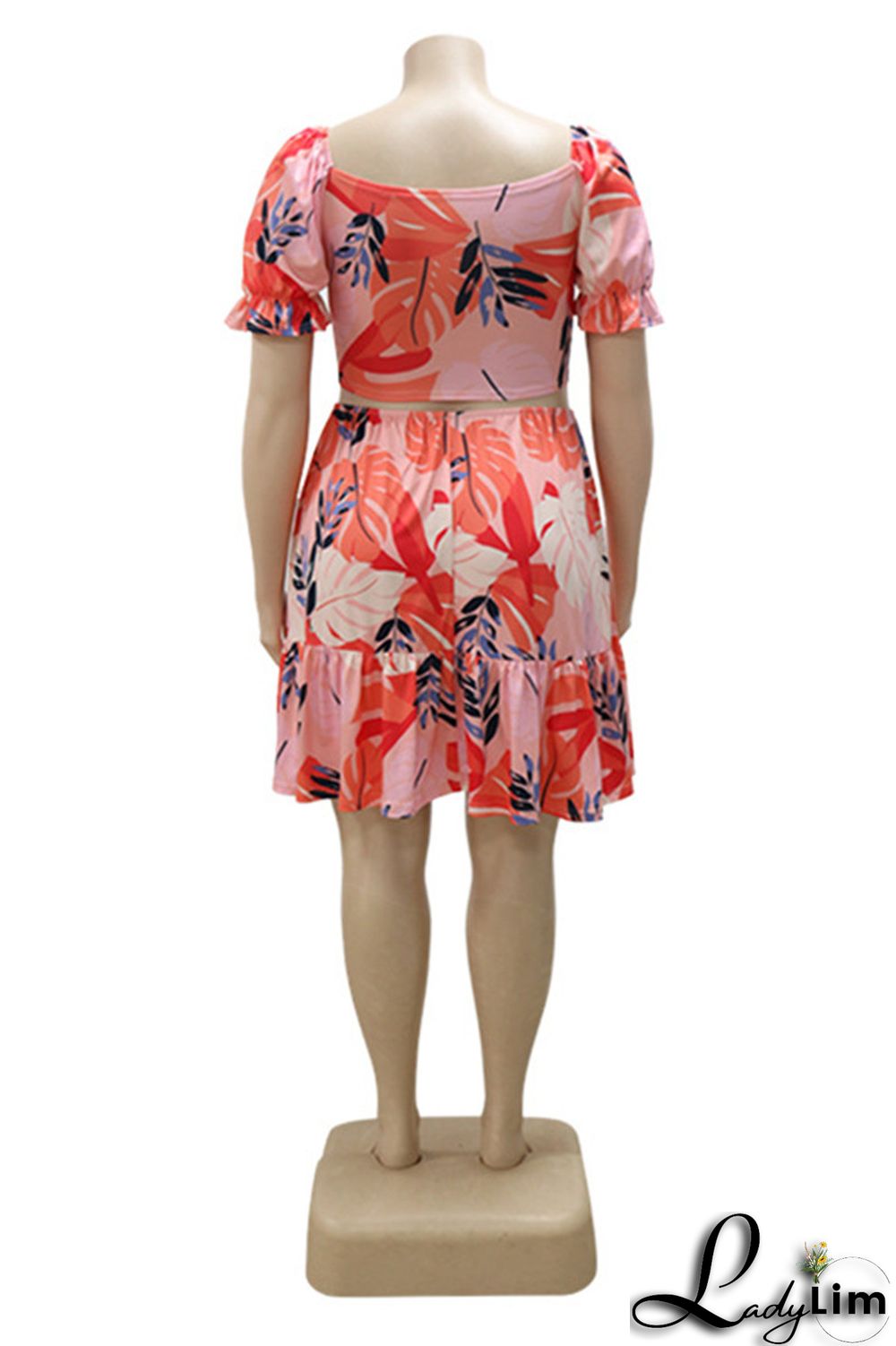 Pink Fashion Sexy Print Bandage V Neck Plus Size Two Pieces