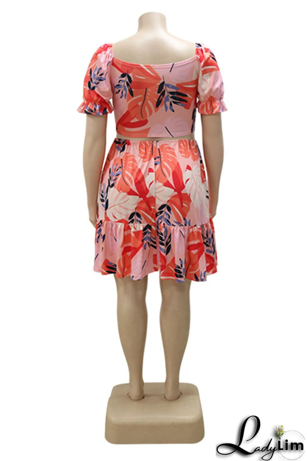 Pink Fashion Sexy Print Bandage V Neck Plus Size Two Pieces