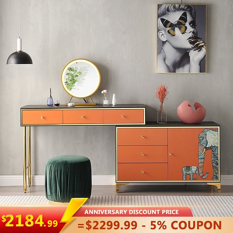 Homemys Makeup Vanity Dresser Set Hand Painting Pattern With Side Cabinet, Mirror Chair Included