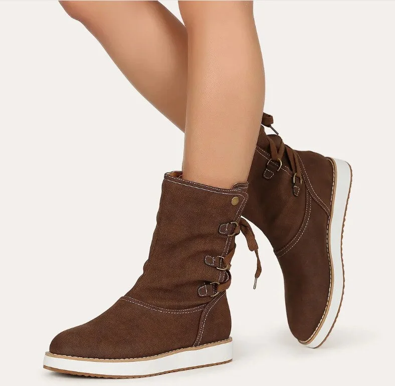 Winter Boots Women 2021 Thick-soled Lace Up Leopard Casual Martin Boots Fashion Round Toe Non-slip Mid Calf Boots Botas De Mujer