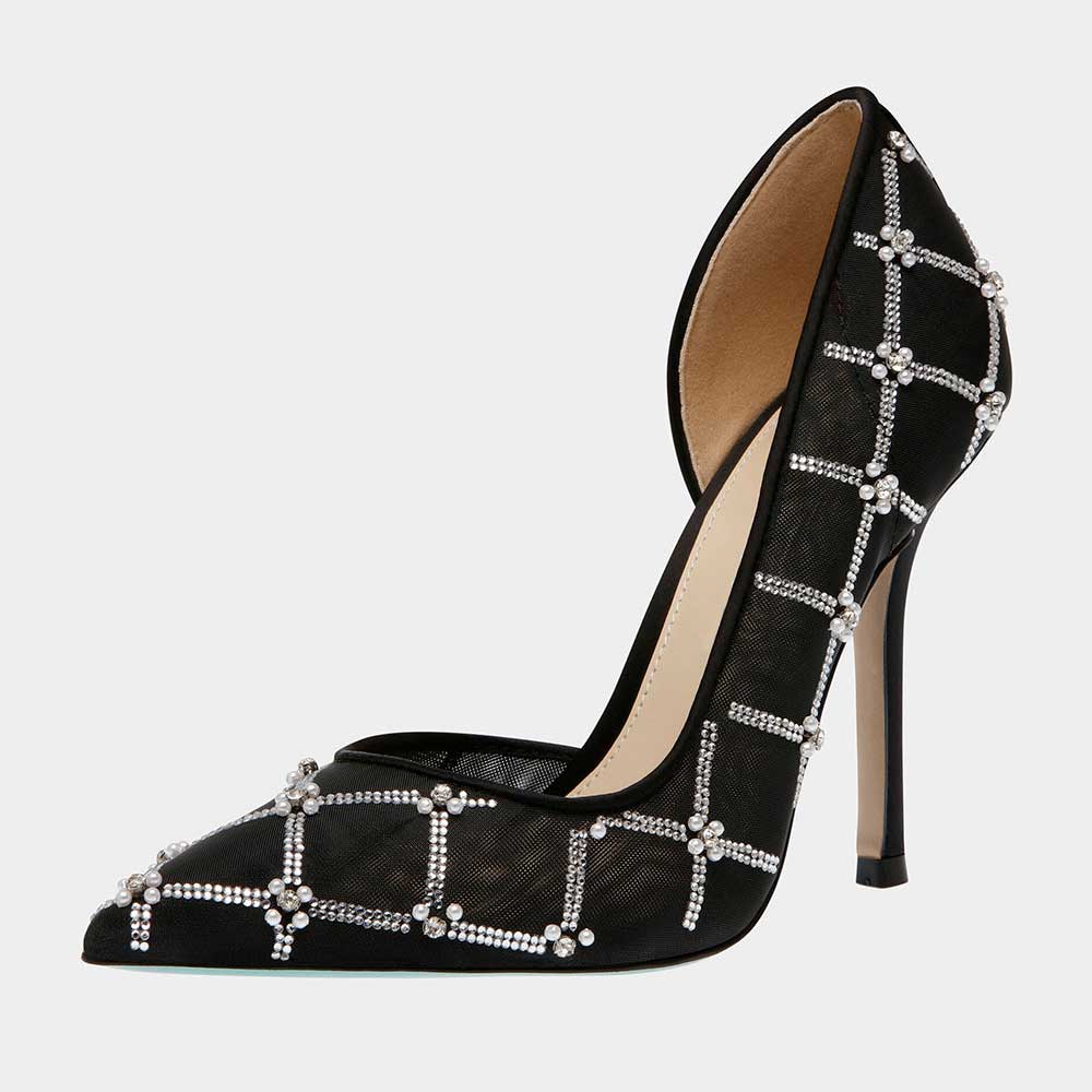 Black Mesh Pointed Rhinestone Embellished Pumps with Stiletto Heel    Nicepairs