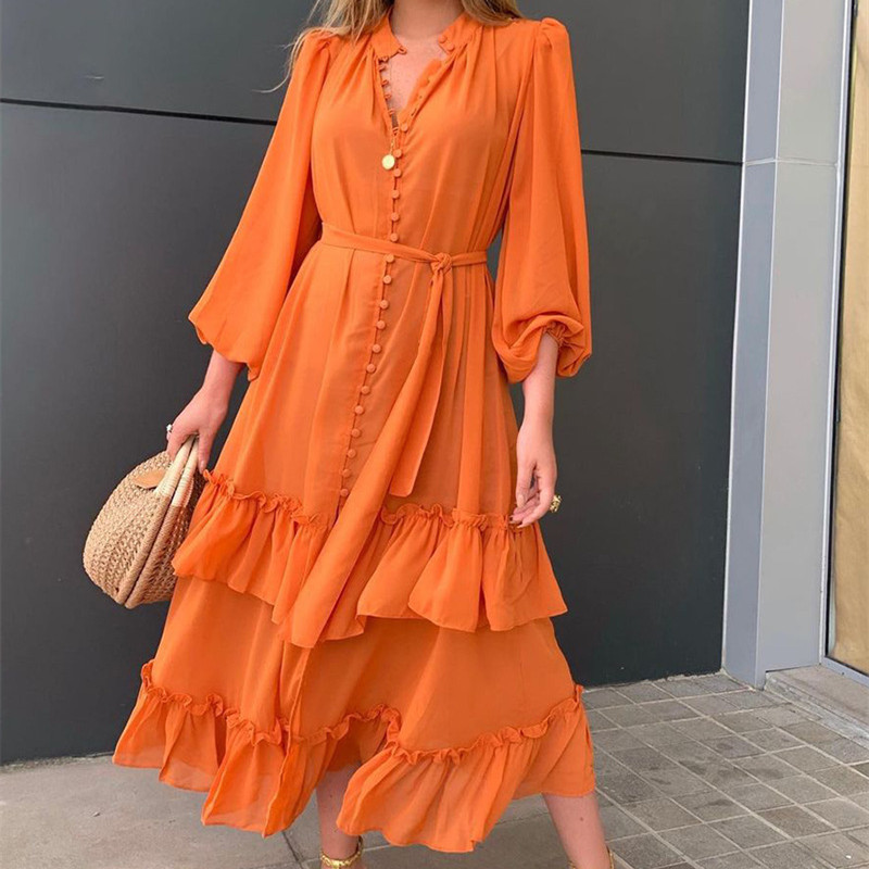 Fashion Solid Color Elegant Party Ruffle V-Neck Ruffle Hem Balloon Sleeve Casual Maxi Dress